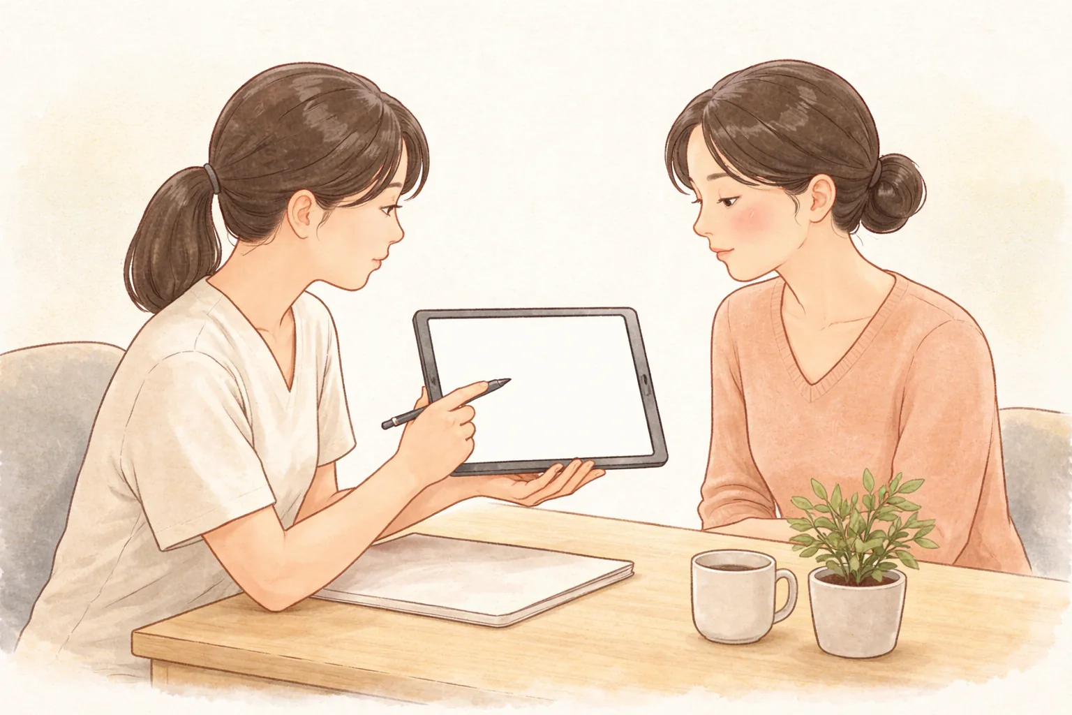 Dua wanita duduk berdampingan melihat tablet sambil berbicara