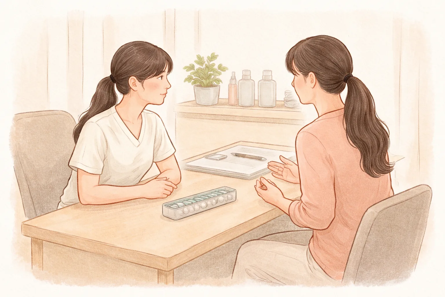책상에 앉아 대화하는 두 여성과 책상 위 약통과 서류