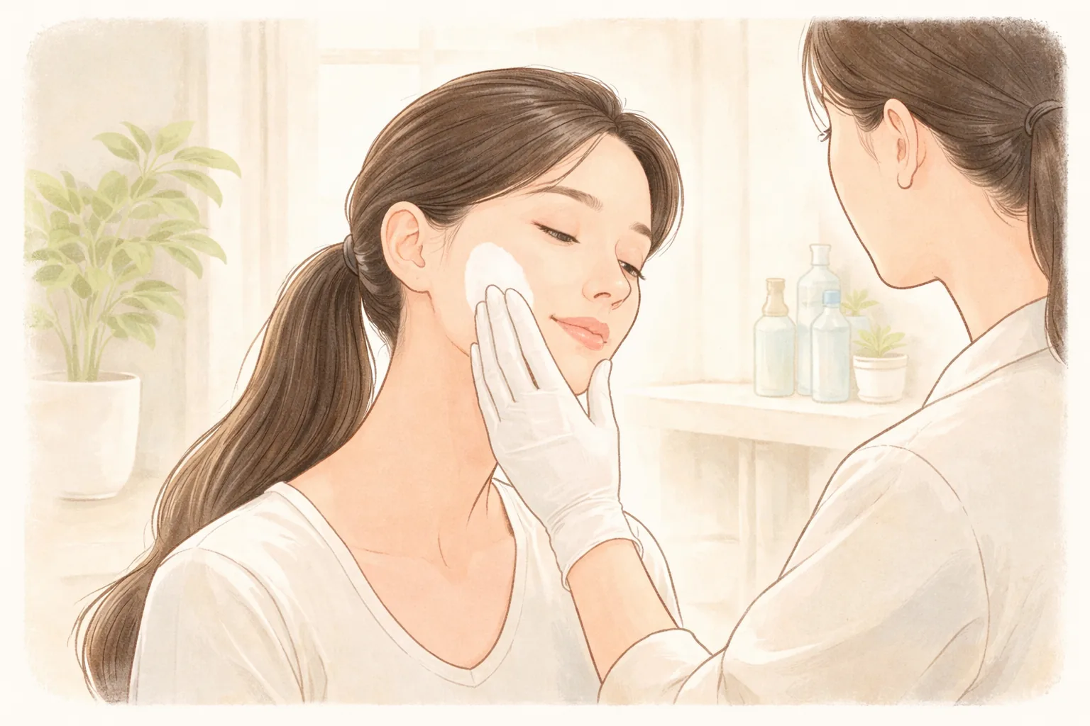 밝은 공간에서 의료진이 여성의 볼에 손으로 무언가 바르는 모습