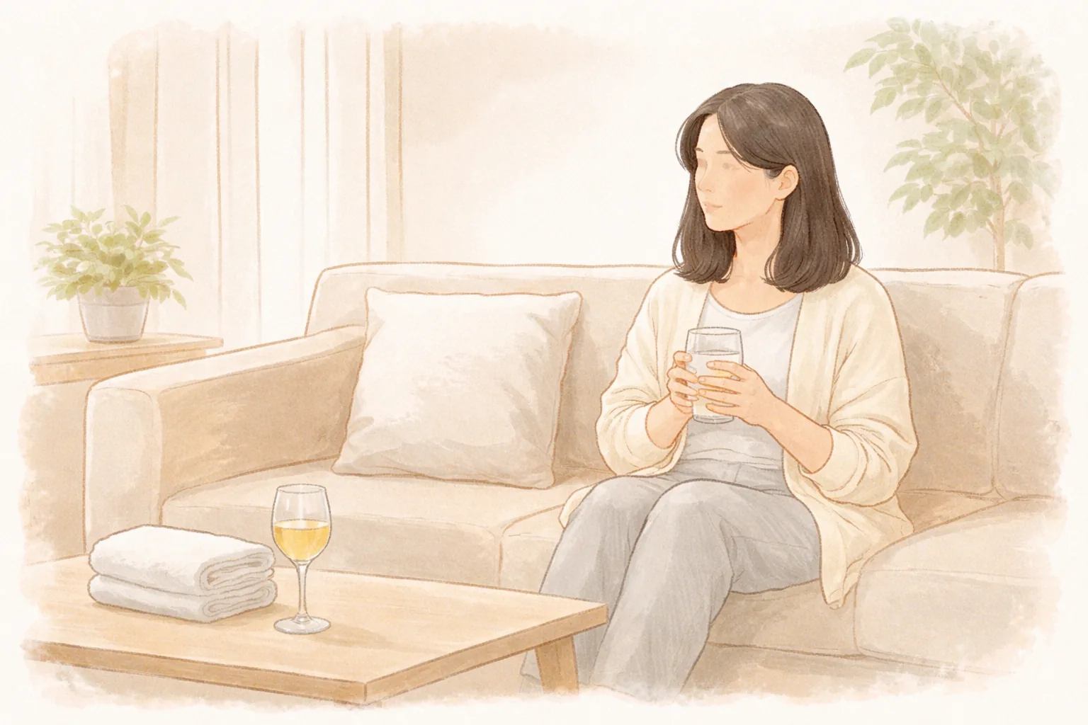 소파에 앉아 물잔을 들고 있는 여성과 탁자 위 수건과 와인잔