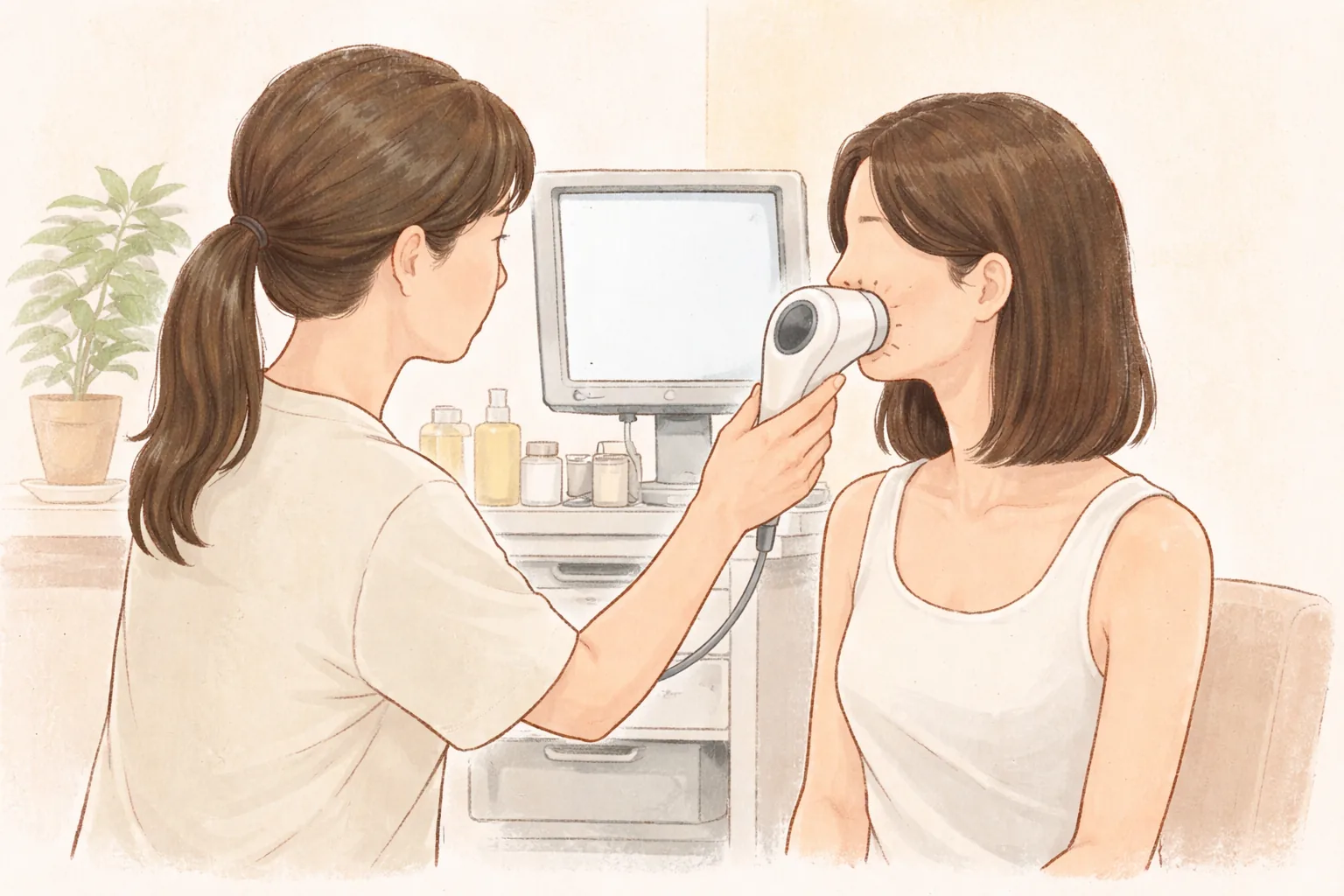 의료진이 여성의 볼 가까이에서 피부 분석 카메라를 든 모습