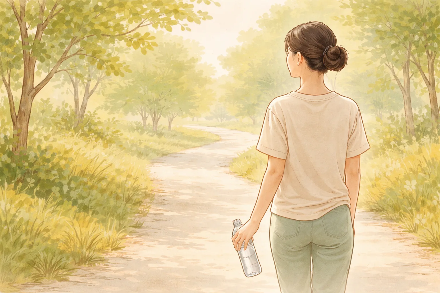 拿着水瓶走在林间小路上的女性