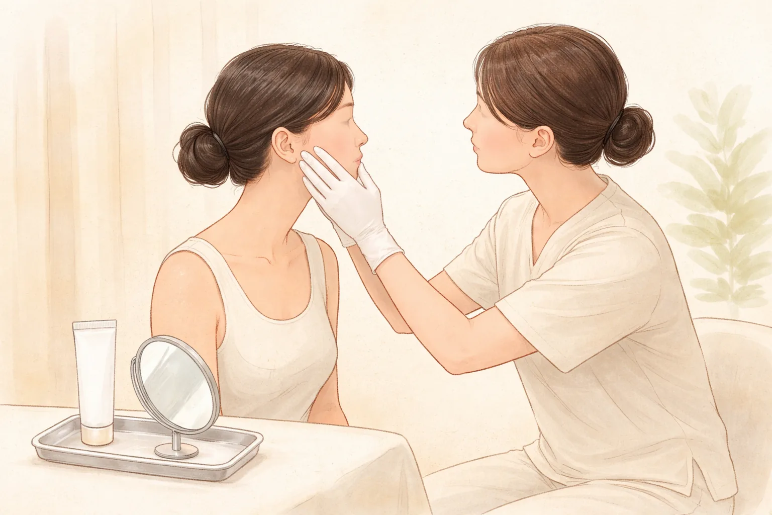 Gloved clinician examining the face of a seated patient under soft lighting