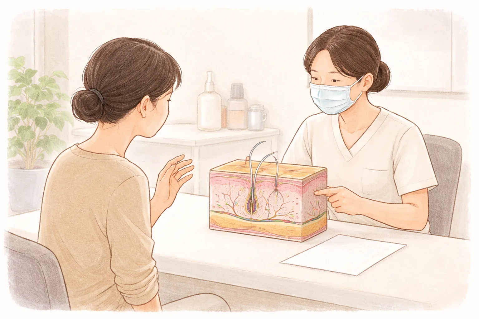 책상에 앉아 피부 단면 모형을 가리키며 상담하는 의료진과 여성
