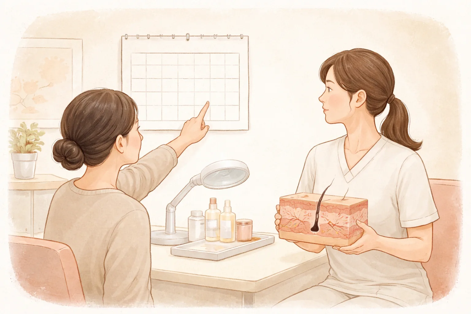 女子指著行程表，醫療人員拿著皮膚模型