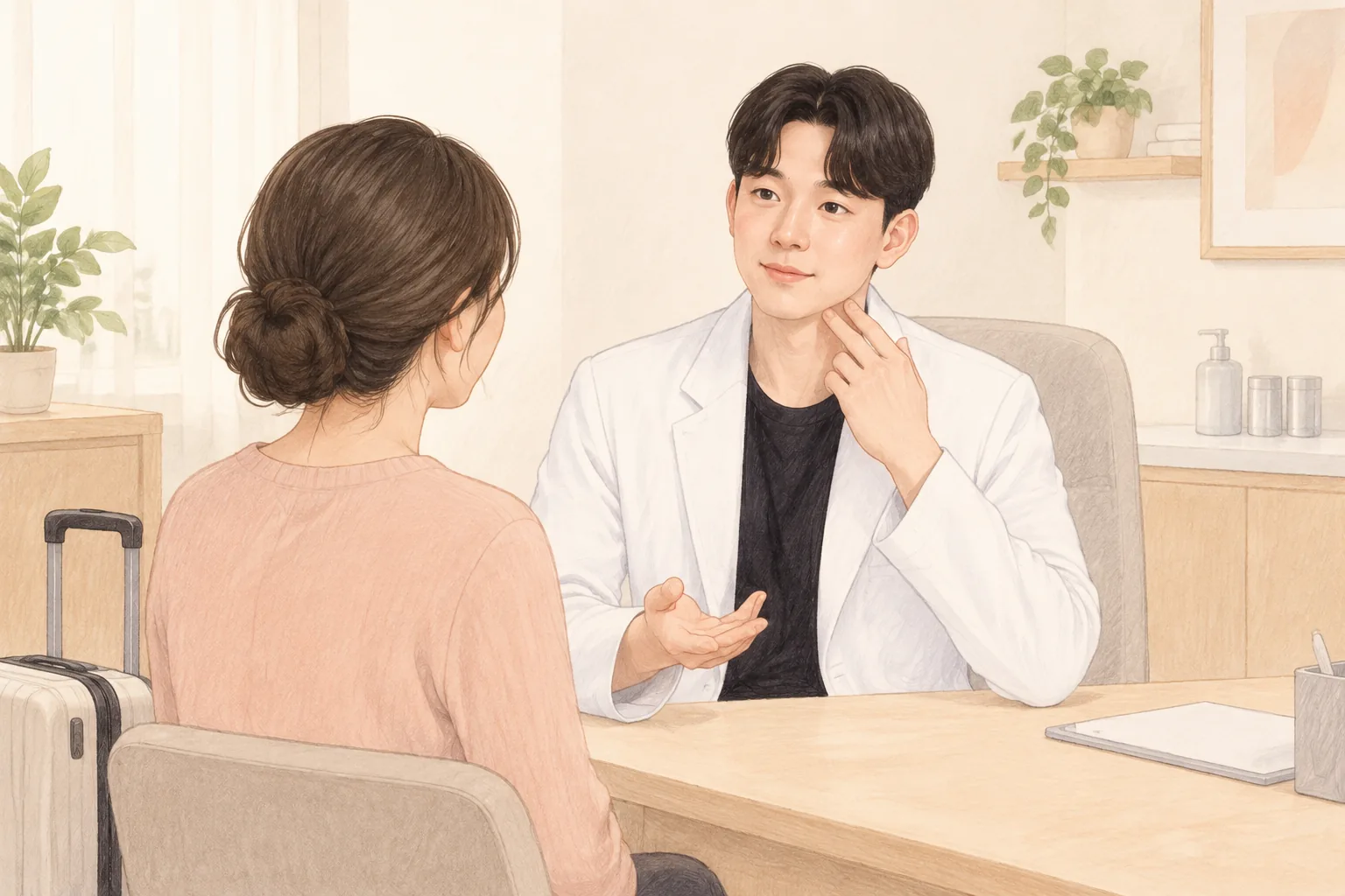女性坐在咨询室椅子上,与穿白大褂的男性交谈