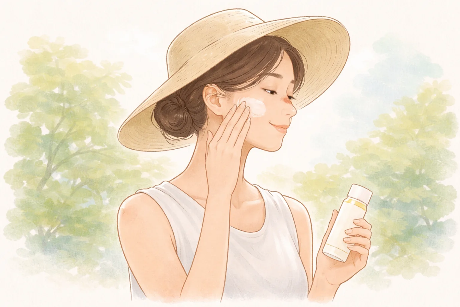 Mujer con sombrero de ala ancha al aire libre sosteniendo un envase en una mano y aplicándose producto en la mejilla con la otra