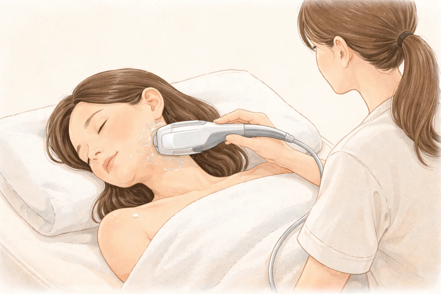 환자가 누워 있고 의료진이 초음파 시술기를 턱선에 대고 시술하는 모습