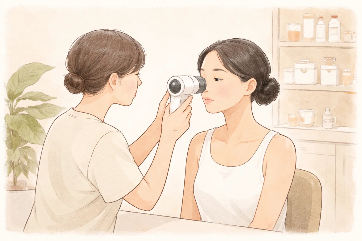 医療スタッフが皮膚分析カメラで座っている女性の頬を撮影する様子