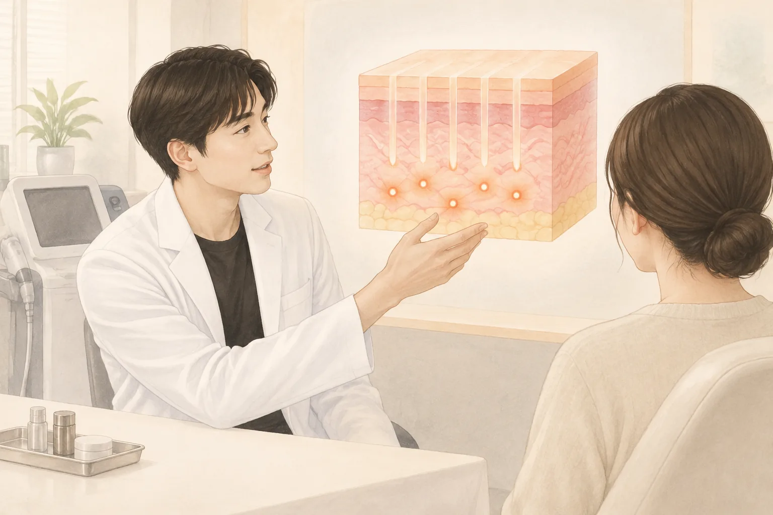 Doctor showing a patient a skin cross-section illustration during a consultation