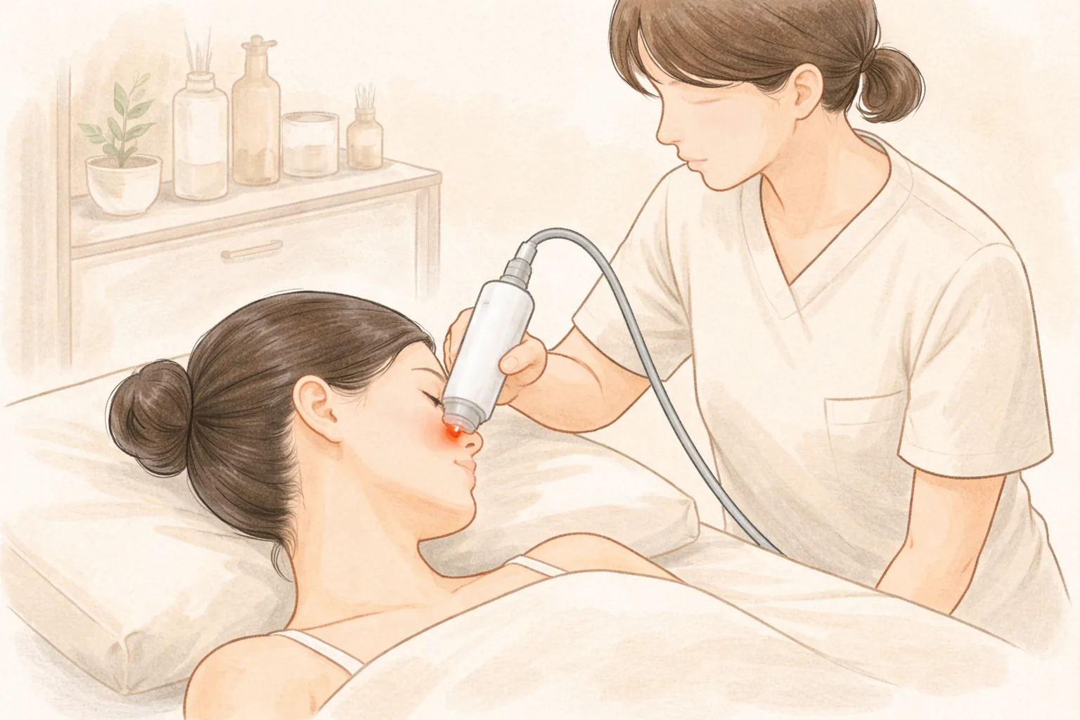 Clinician holding a laser device to the cheek of a woman lying on a bed
