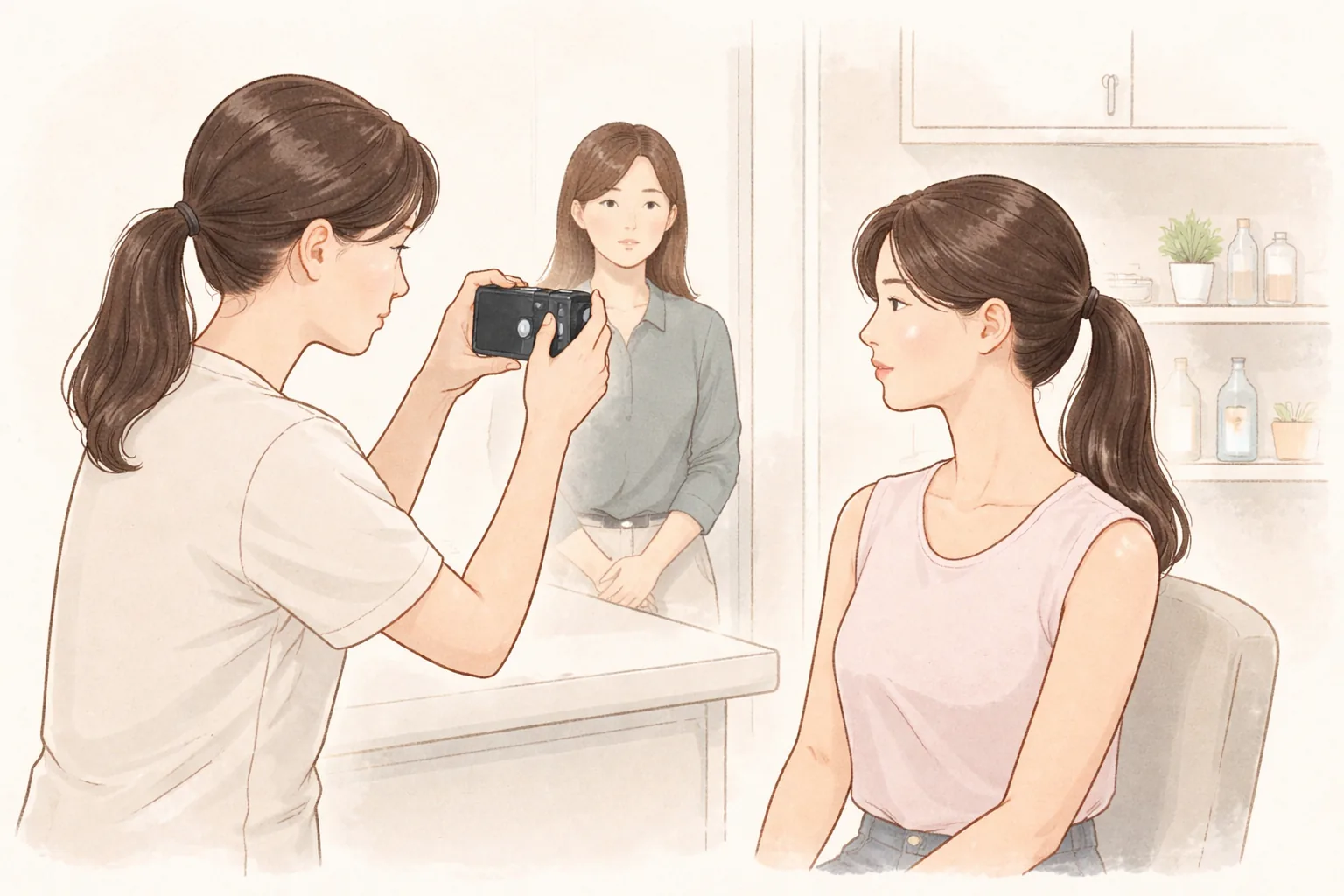 한 여성 의료진이 다른 여성의 볼을 휴대전화로 촬영하고 있음