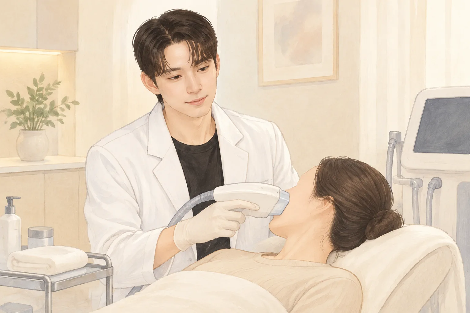 진료복을 입은 남성이 누운 여성의 볼 근처에서 의료 기기를 사용함