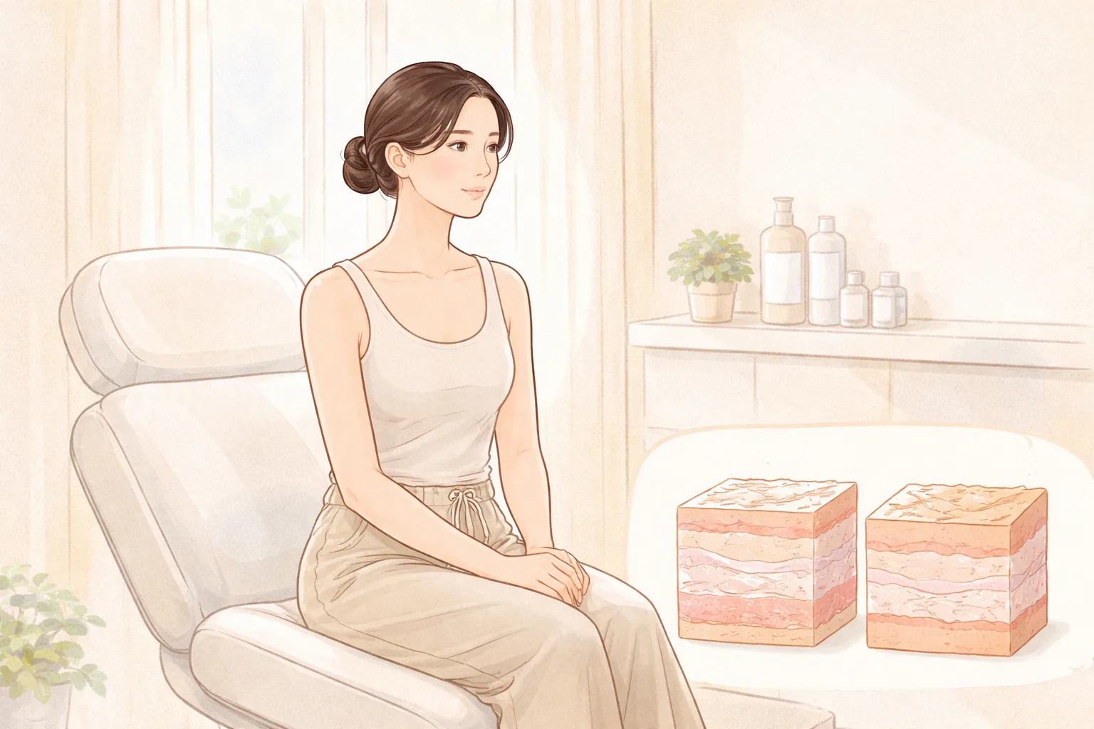 진료실 의자에 앉아 손을 모은 젊은 여성과 피부 단면 모형 두 개