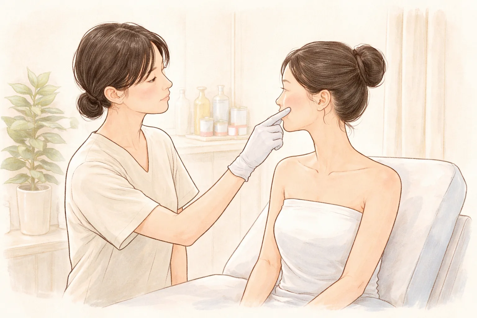 의료진이 장갑을 끼고 여성의 볼을 부드럽게 확인하는 모습