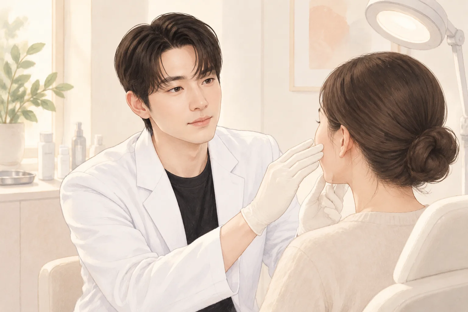 진료실에서 환자 볼을 살피는 의사와 환자