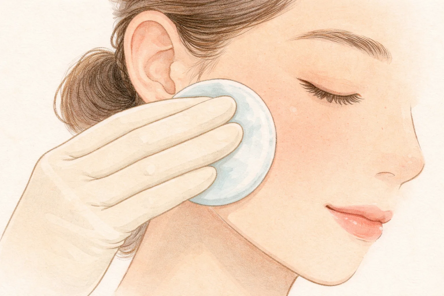 Una mano con guante sosteniendo una gasa sobre una mejilla con enrojecimiento facial