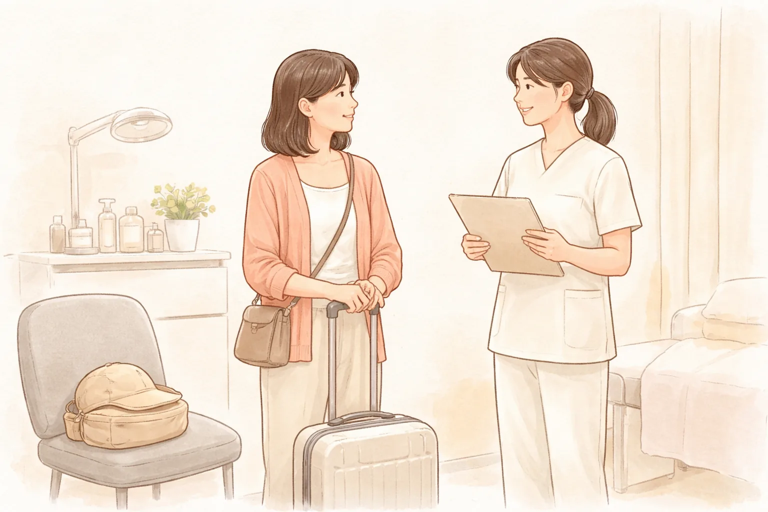 Mujer con una maleta de viaje conversando con el profesional médico