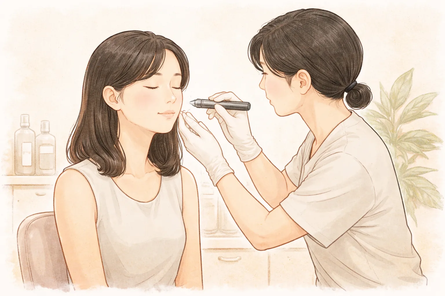Gloved clinician examining a woman's cheek with a small penlight