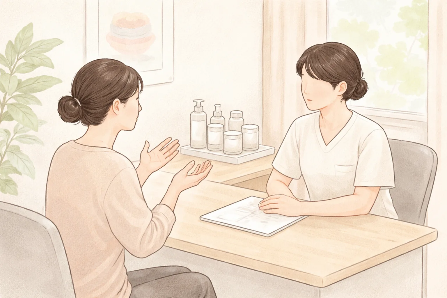 상담실에서 책상에 앉아 이야기를 나누는 두 여성