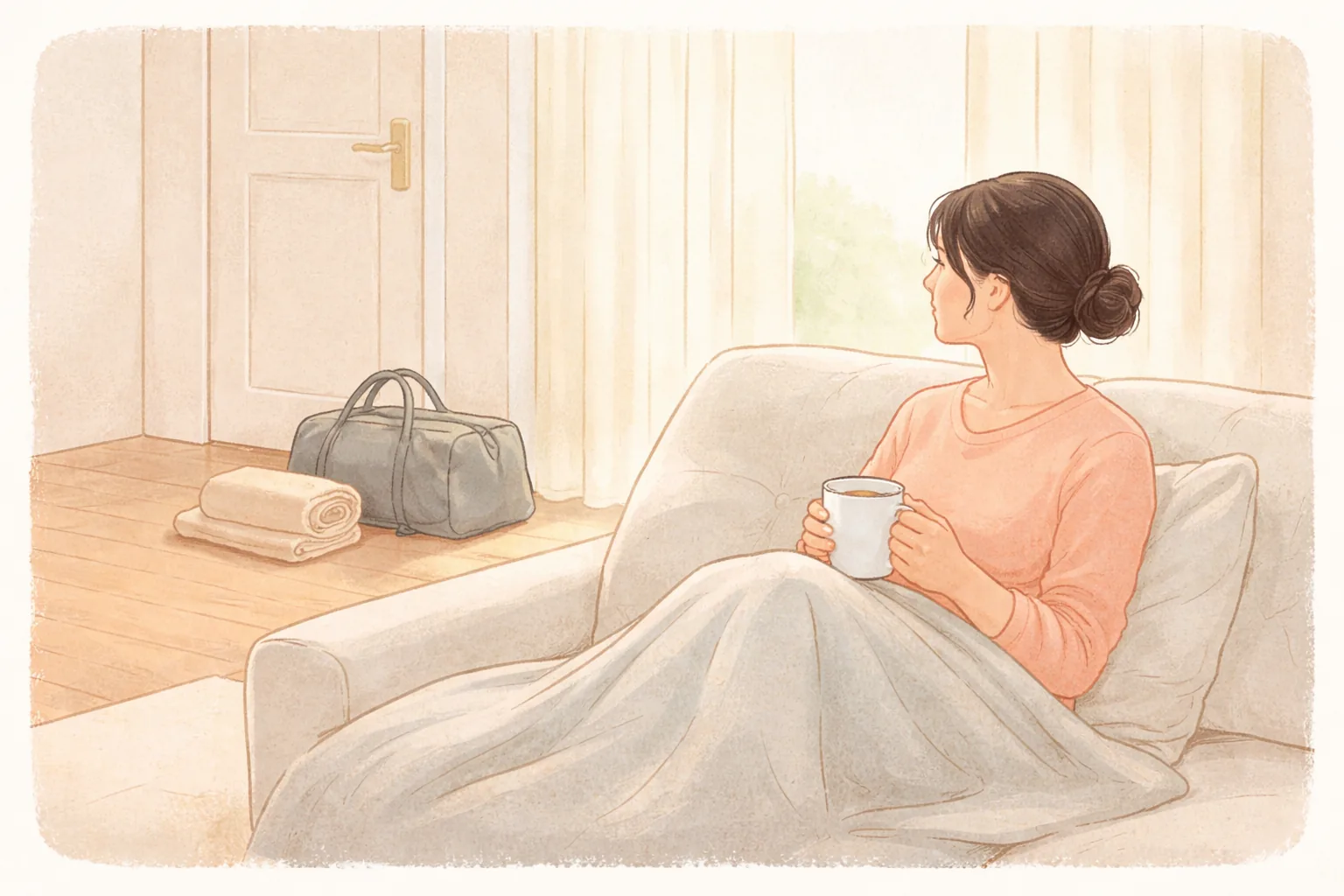 Woman sitting on a sofa under a blanket holding a cup with a gym bag and towel by the door