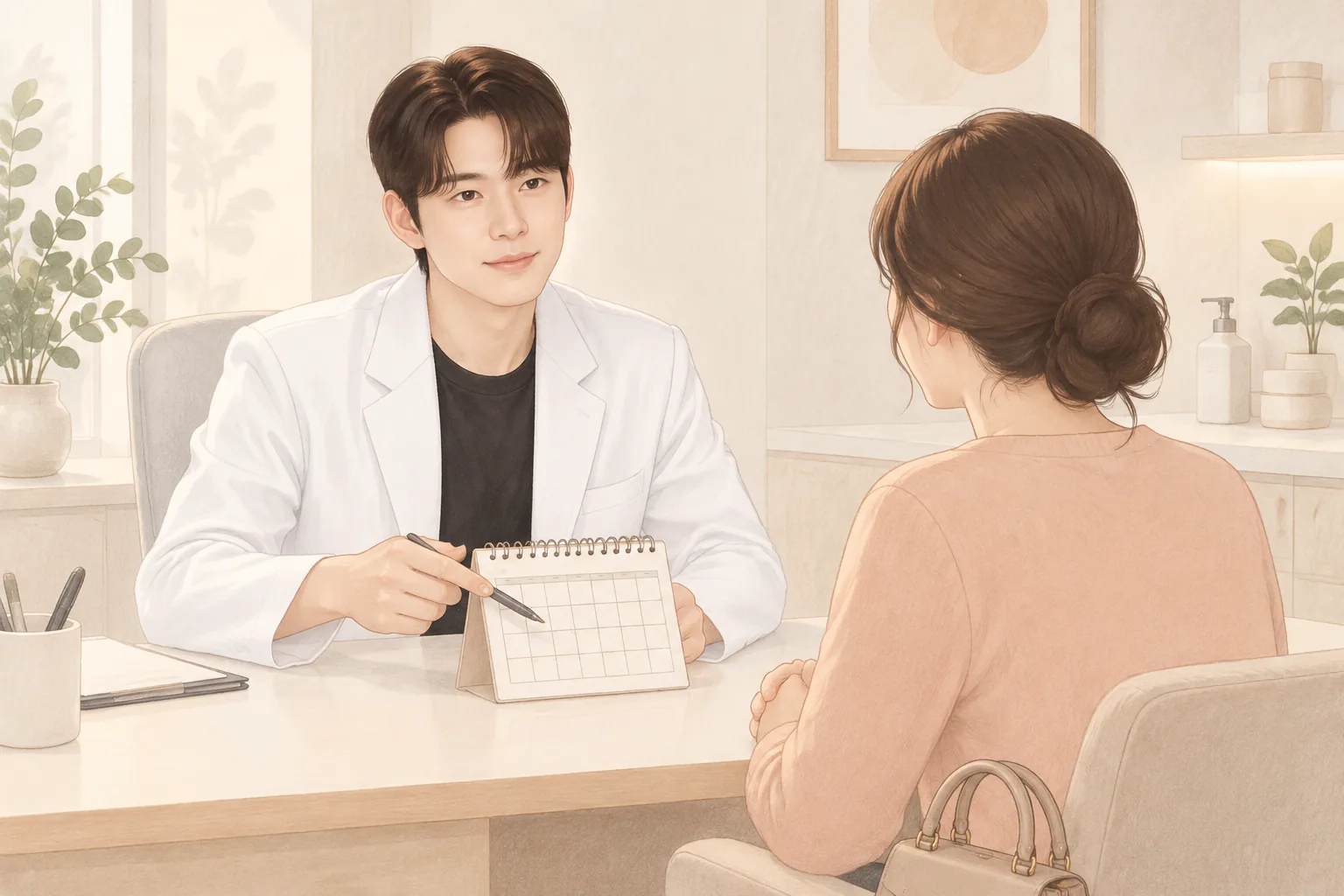 하얀 가운을 입은 남자가 달력을 가리키며 여성 환자와 상담하는 모습