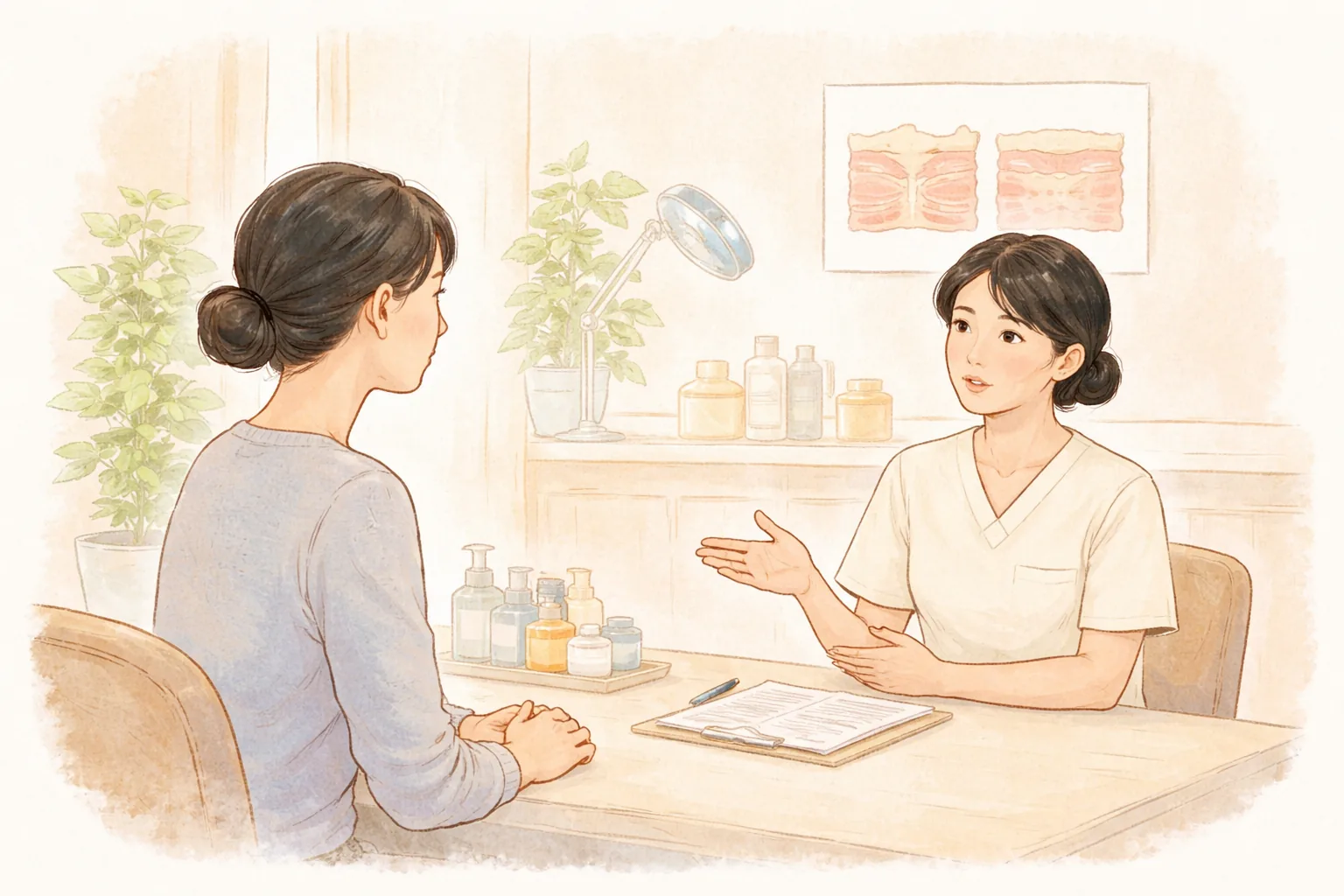 진료실에서 의료진이 앉아 손짓하며 여성에게 설명하고 있다