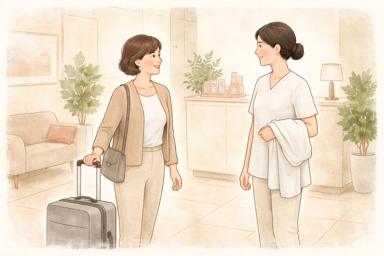 Wanita dengan koper di sampingnya dan tenaga medis saling menyapa di lobi