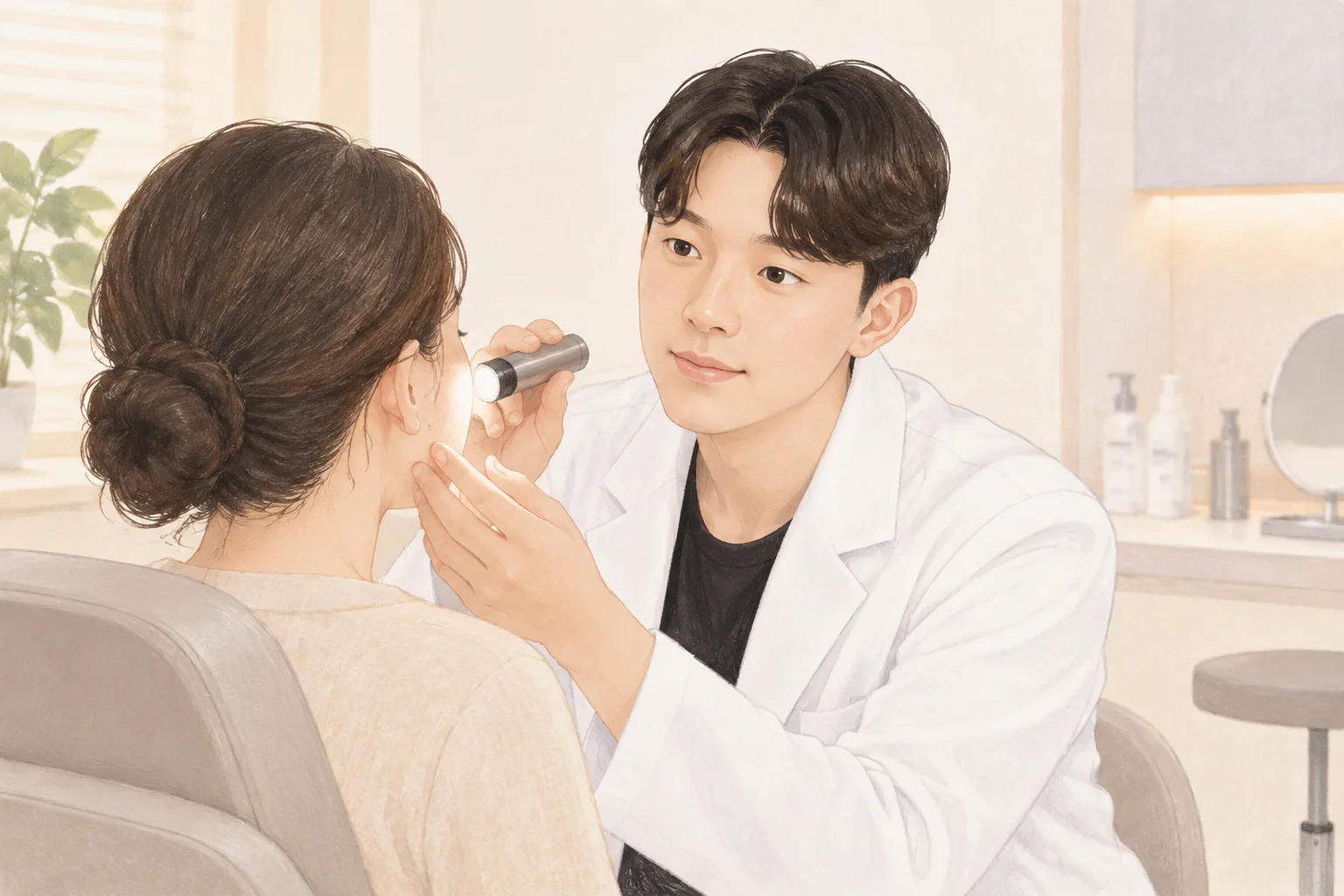 男子用手电查看女患者脸颊皮肤