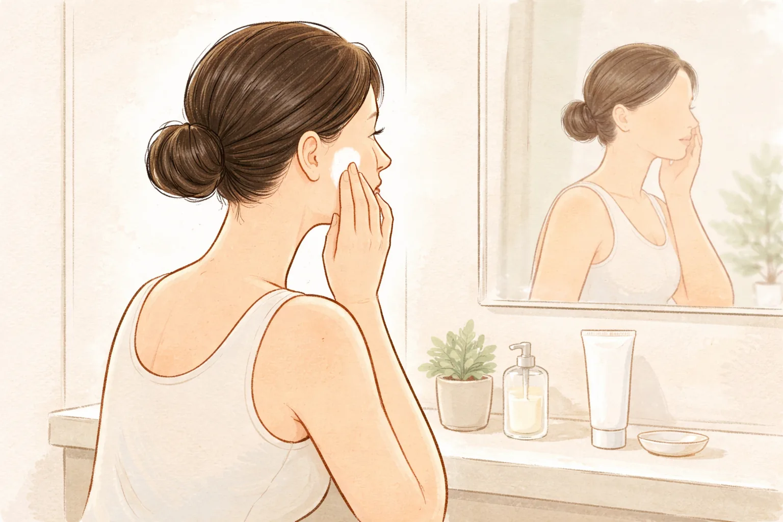 Wanita mengoleskan krim putih ke pipi di depan cermin dengan produk perawatan di rak kamar mandi