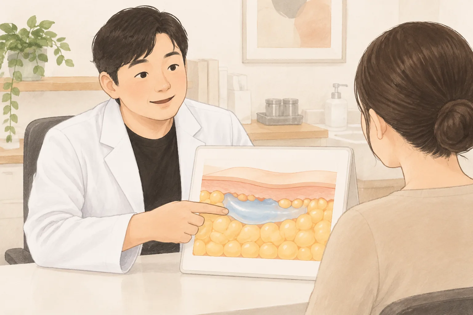 남성 의사가 피부 단면 그림을 보여주며 여성 환자와 상담하는 모습