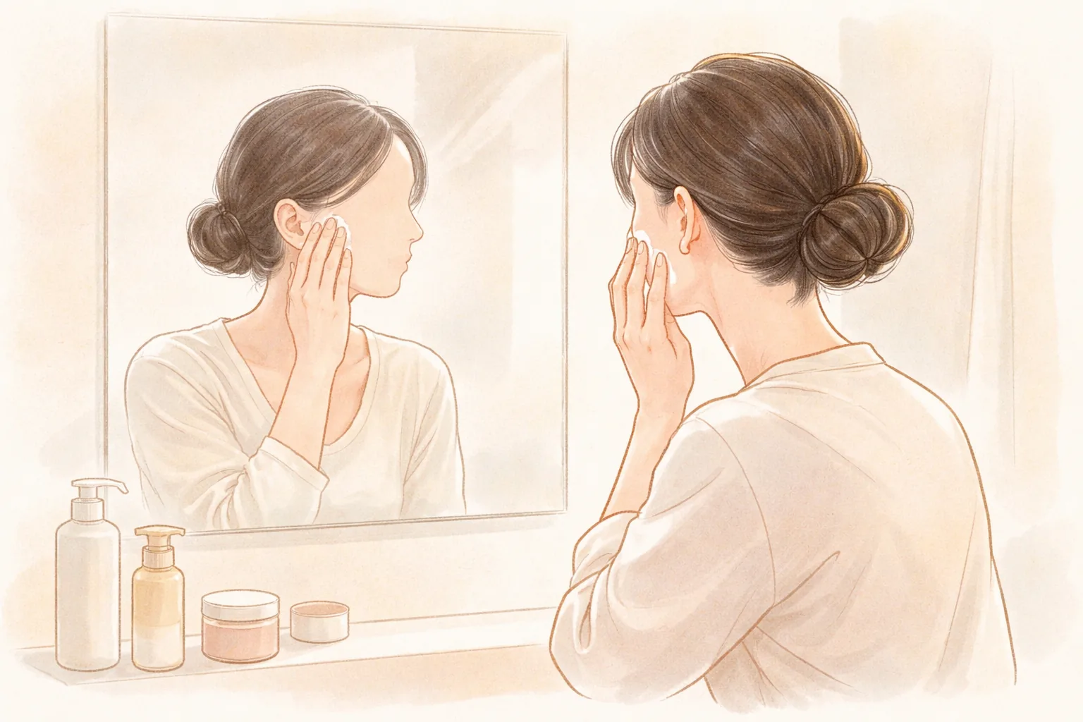 Mujer tocándose la mejilla frente al espejo con envases de cosméticos