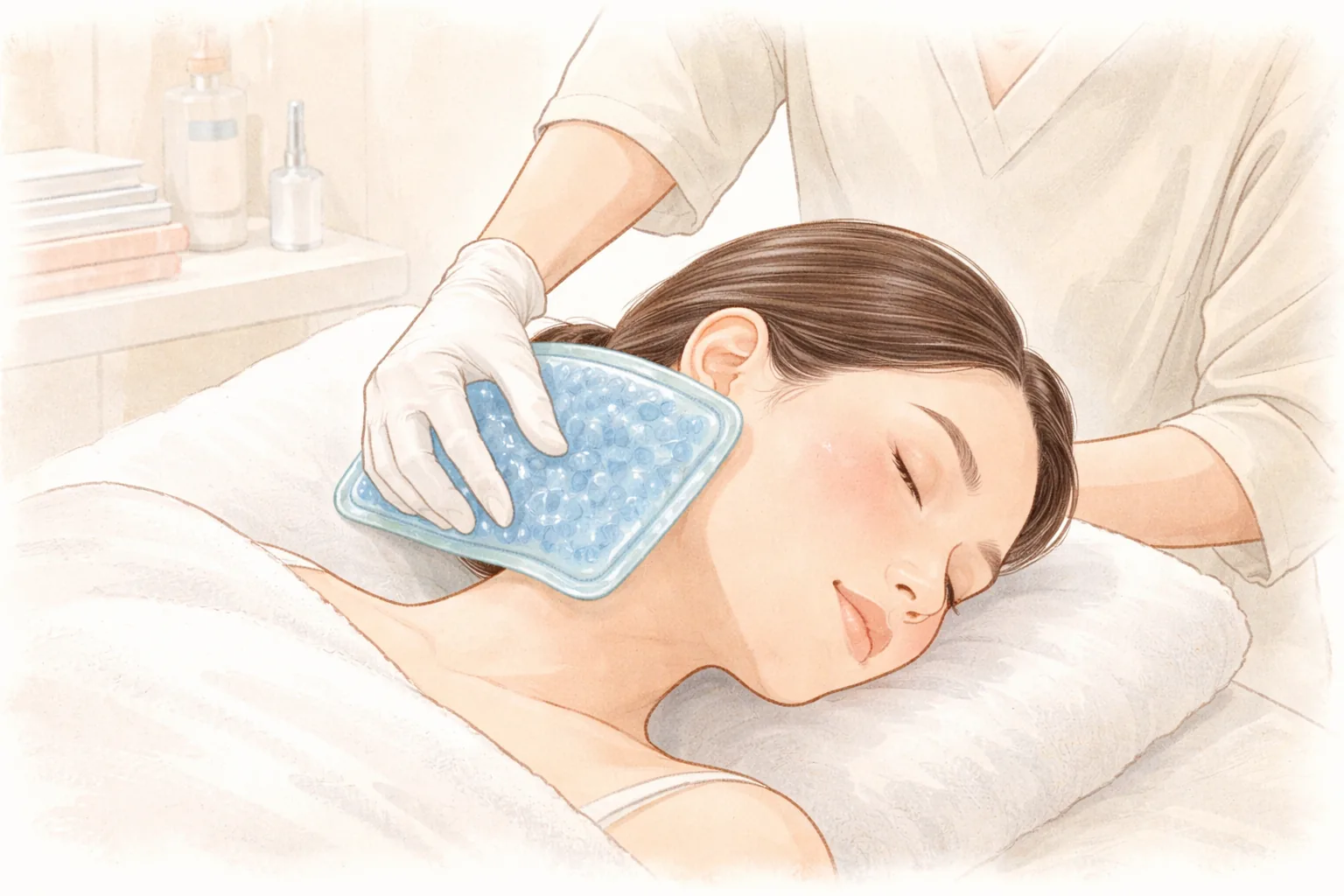 A clinician placing a cold compress pack on the face of a woman lying down