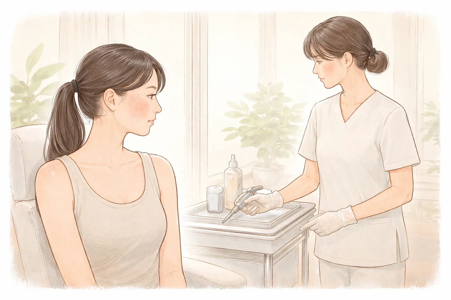 여드름 자국이 있는 여성과 레이저 기기를 준비하는 의료진