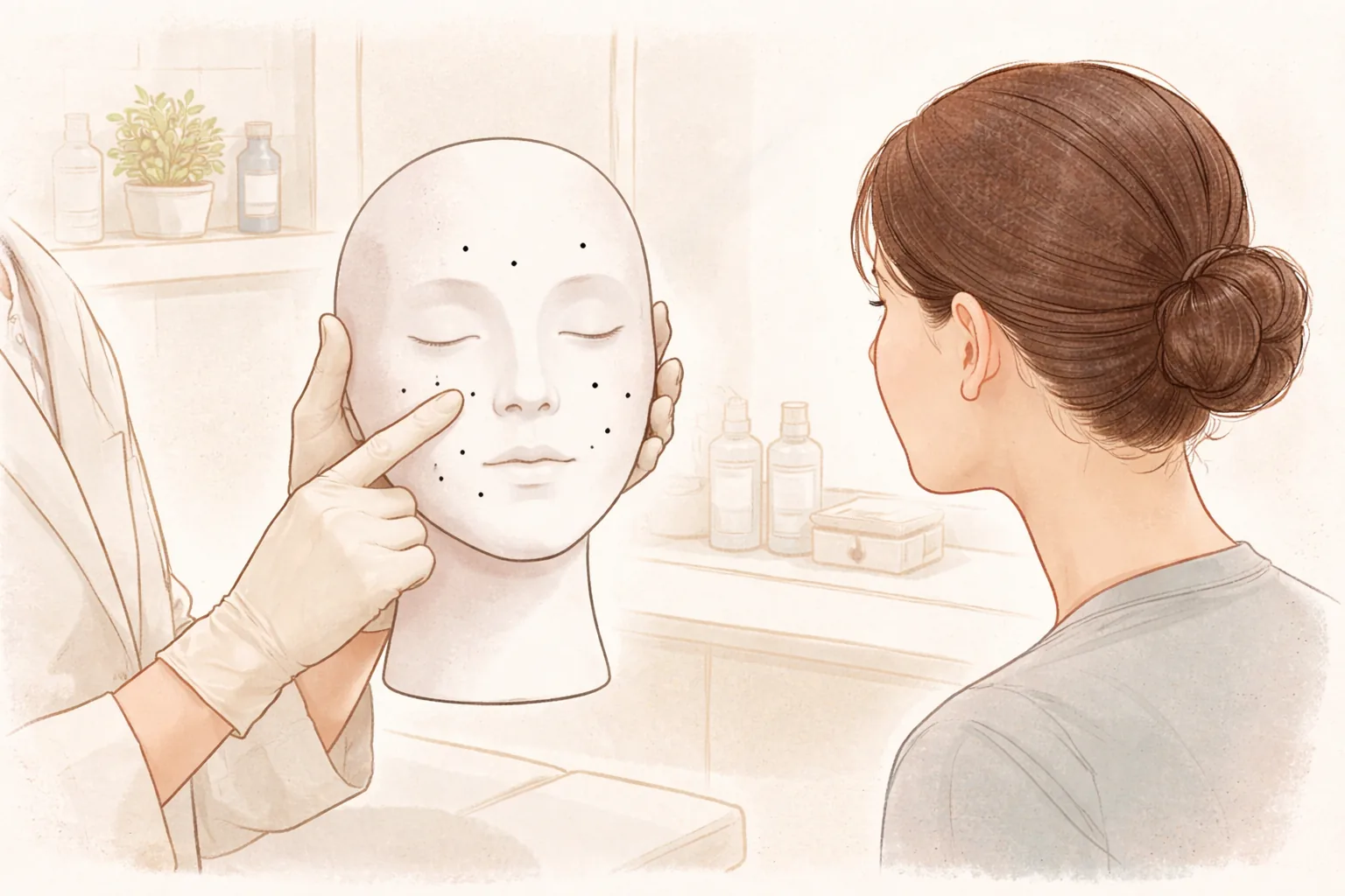 Clinician pointing with a gloved hand at part of a face on a head model with marked spots while a patient watches