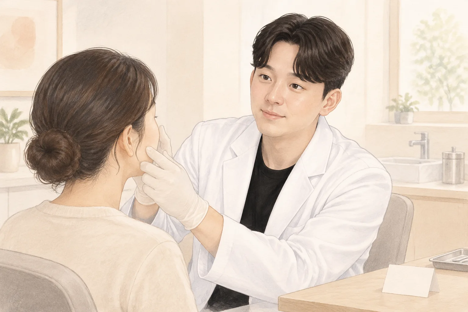 医師が指先で患者の頬を確認する様子