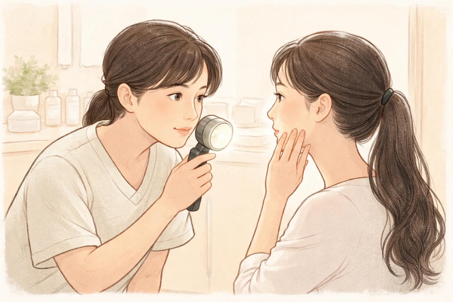 의료진이 작은 조명으로 여성의 볼 피부를 살펴보는 모습
