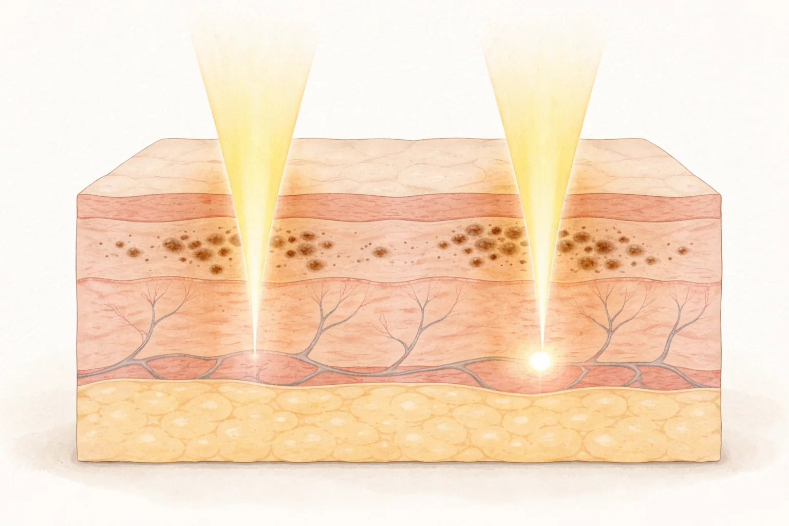 Skin cross-section with two beams of light hitting different depths