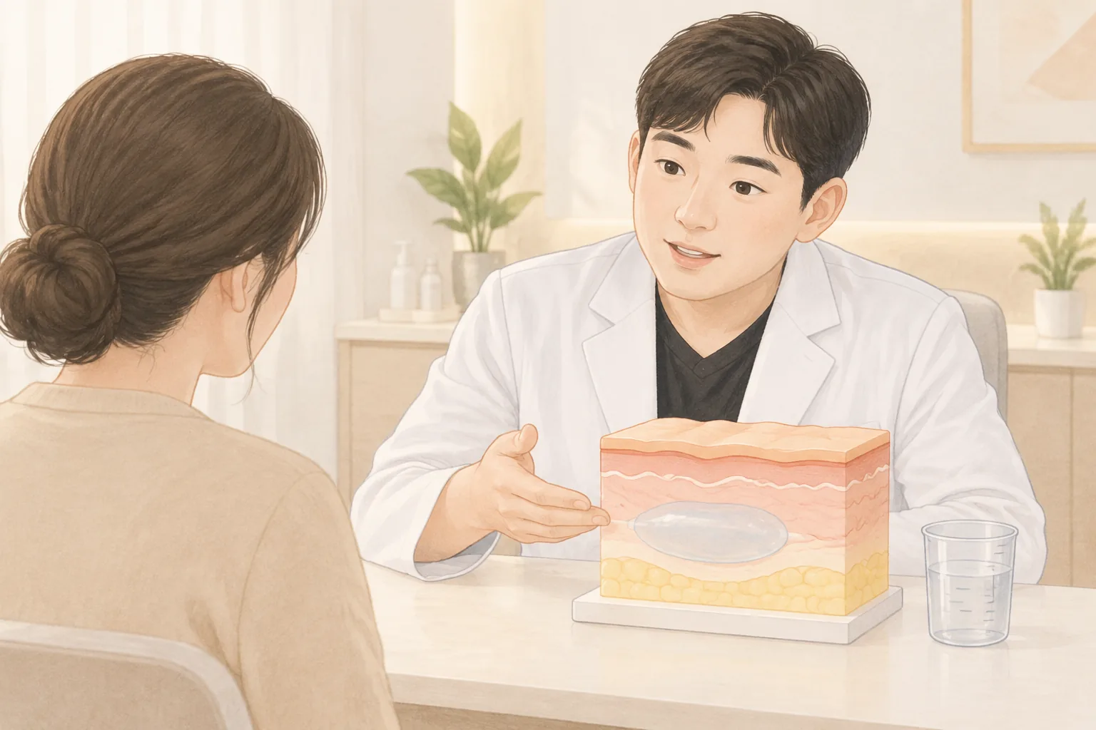 남성 의사가 피부 단면 모형과 계량컵 옆에 놓인 채 여성에게 설명하는 모습