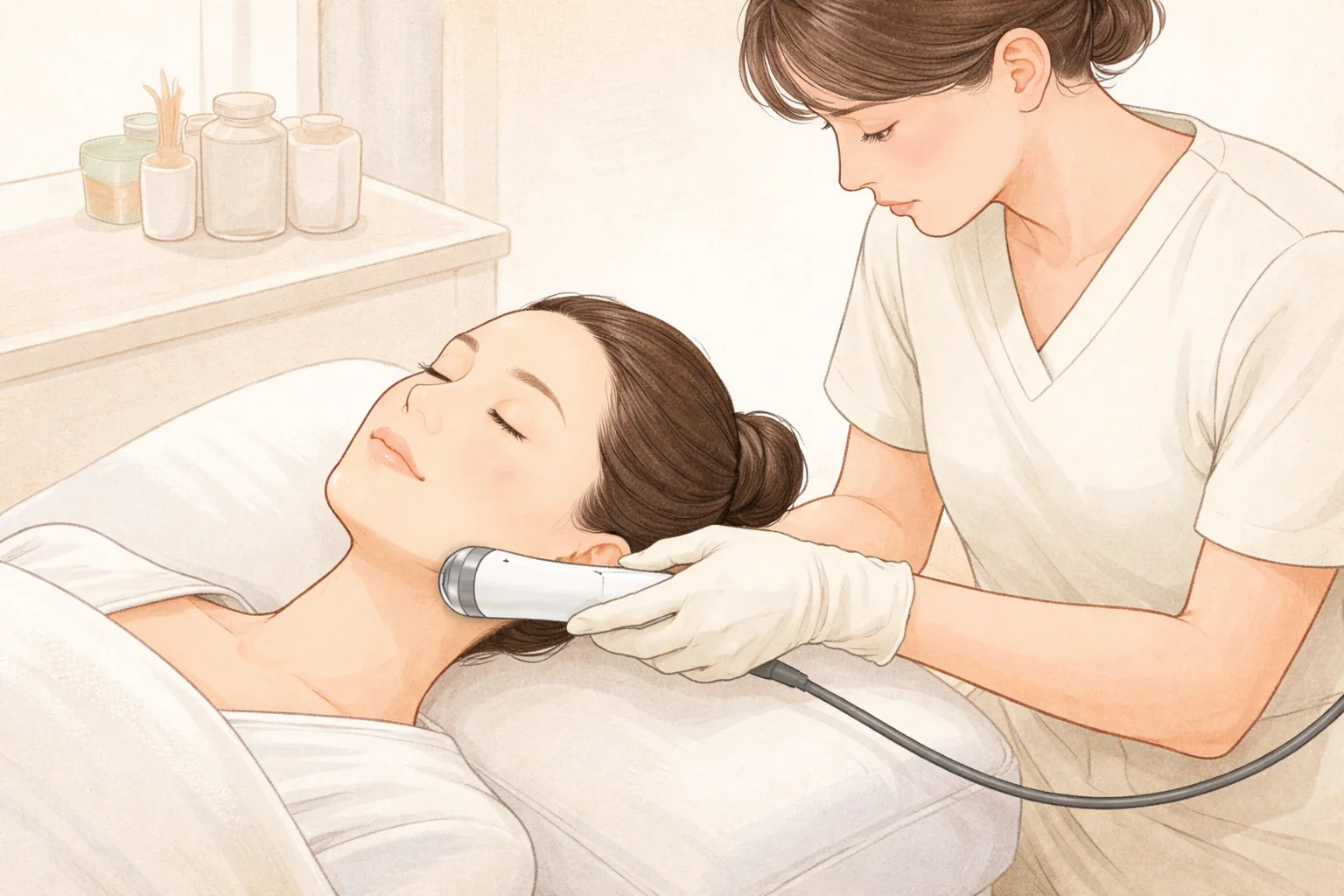 A woman lying on a treatment bed as a clinician uses a radiofrequency device beside her