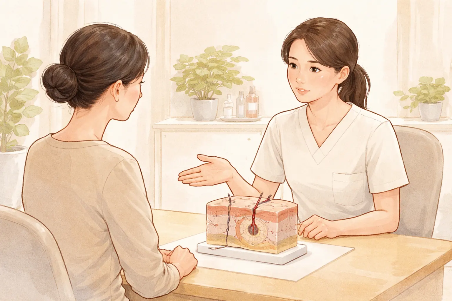 咨询室里两位女性对着皮肤切面模型交谈