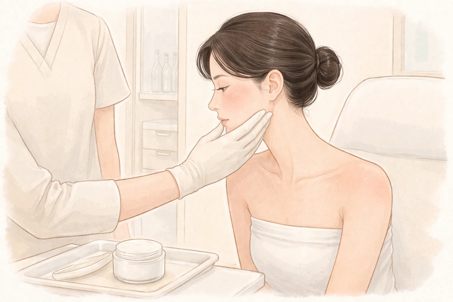 頬が赤くなった女性の顔の横に手を近づける医療スタッフと化粧品の容器