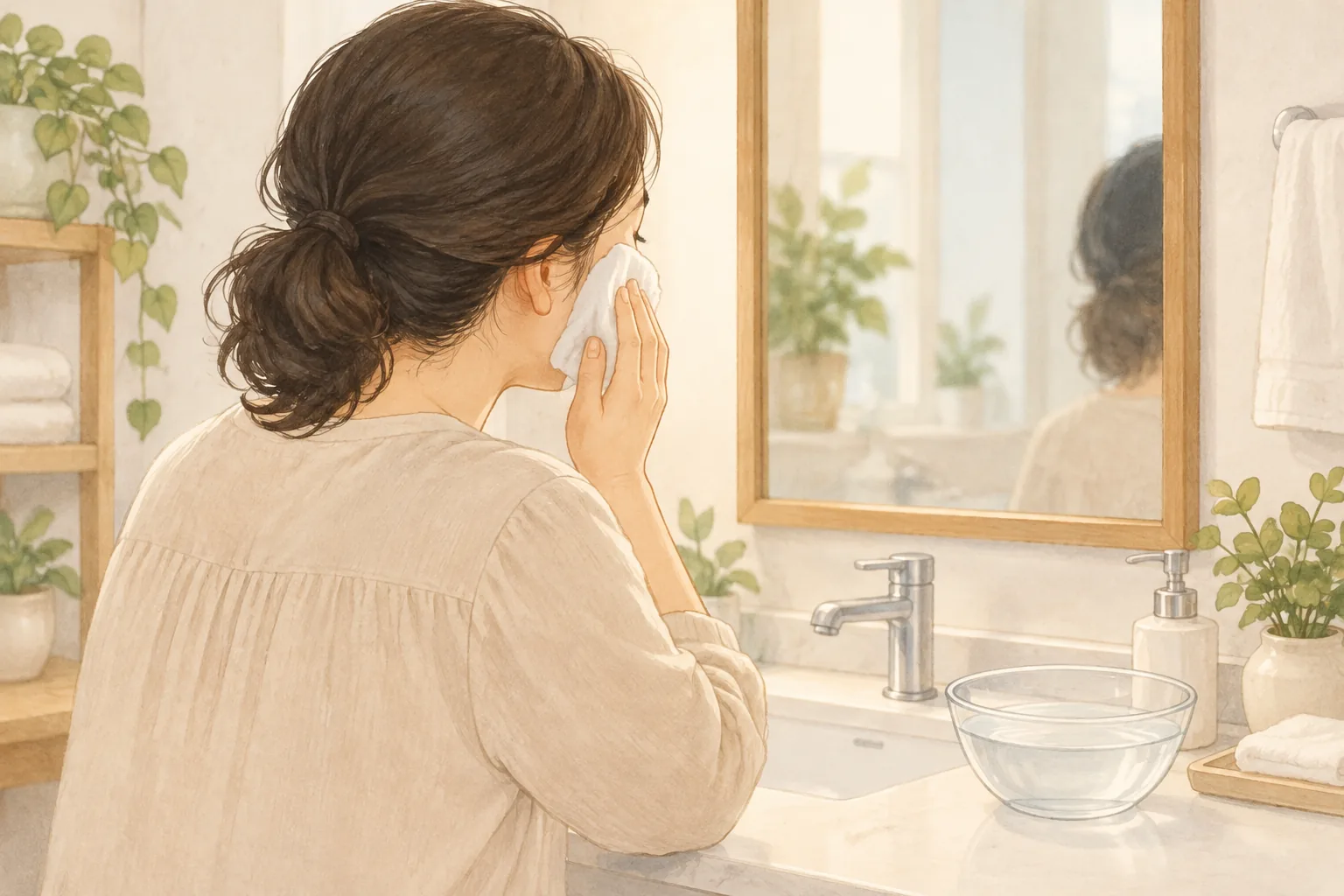 髪をまとめた女性が洗面台の前でガーゼを頬に当てている