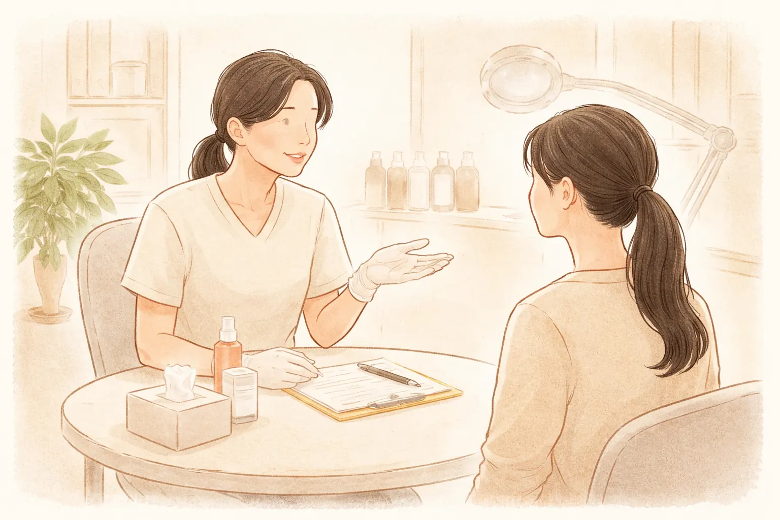 상담실 탁자에 앉아 여성에게 설명하는 의료진과 마주 앉은 여성