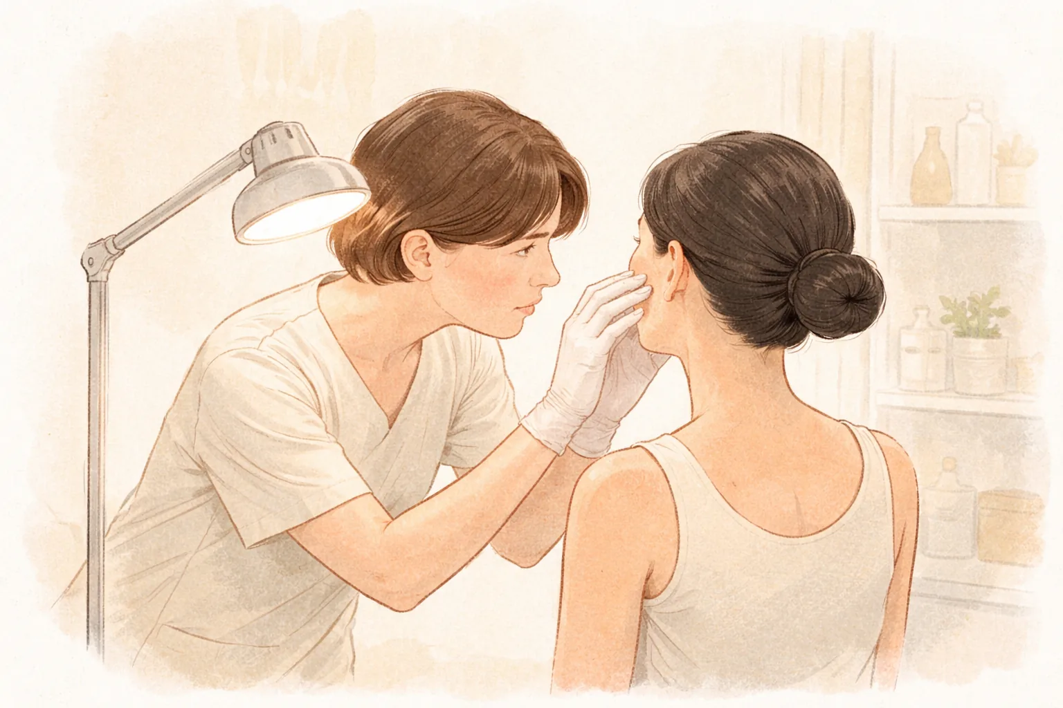 Clinician examining a seated woman's face by hand under lighting