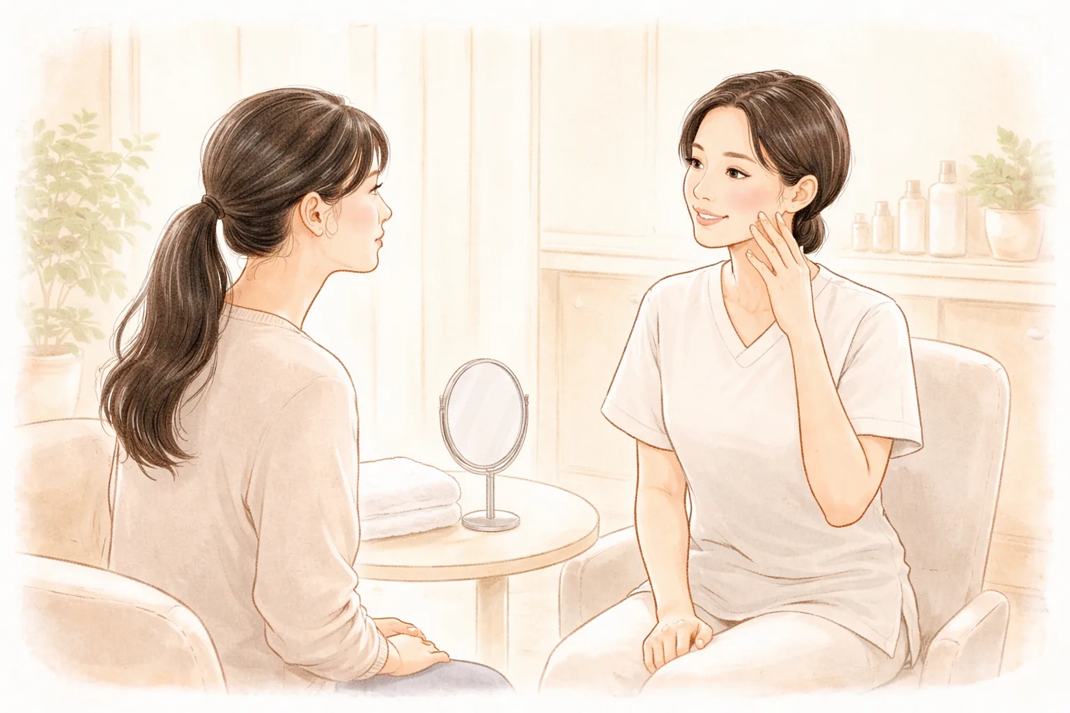밝은 상담실에서 의료진과 마주 앉아 볼을 가리키며 대화하는 여성 두 명