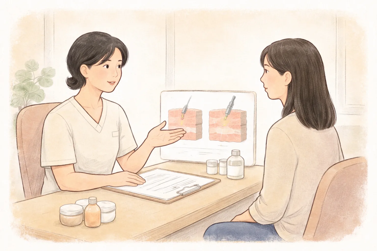 책상 앞에 앉아 피부 구조를 설명하는 의료진과 듣고 있는 여성