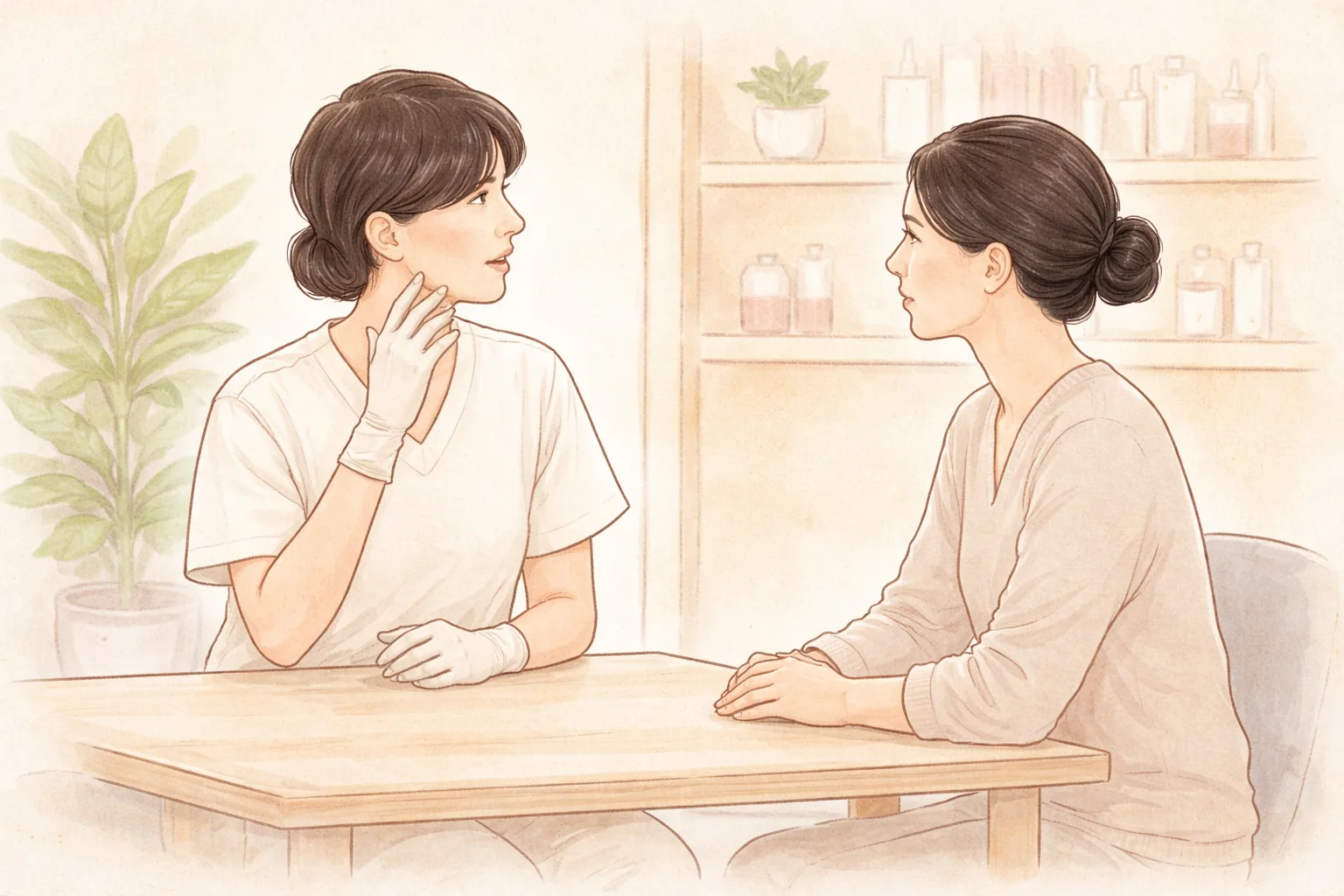 諮詢桌旁兩位女性指著下顎線討論