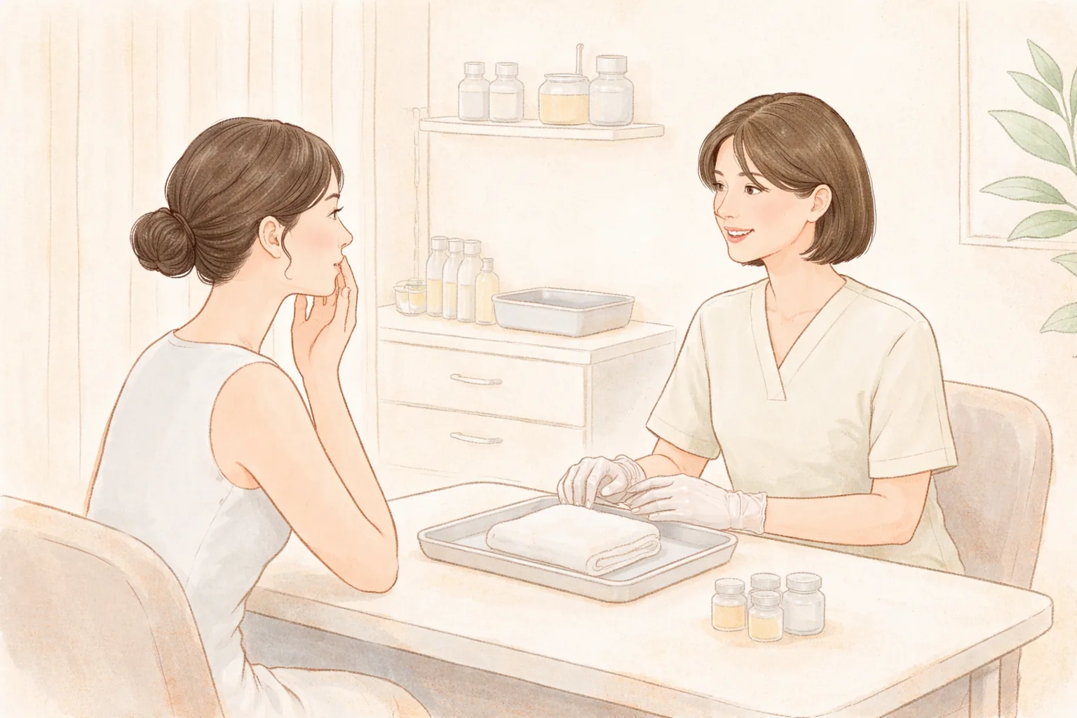 诊室里面对面交谈的女性与医护人员，医护人员双手交叠