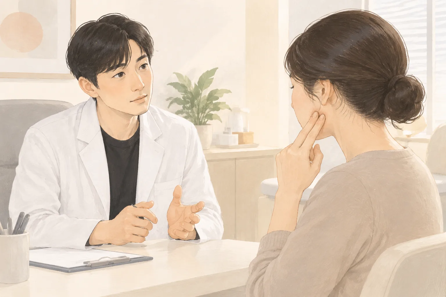 医師と話す患者が指でエラの角を確認する様子